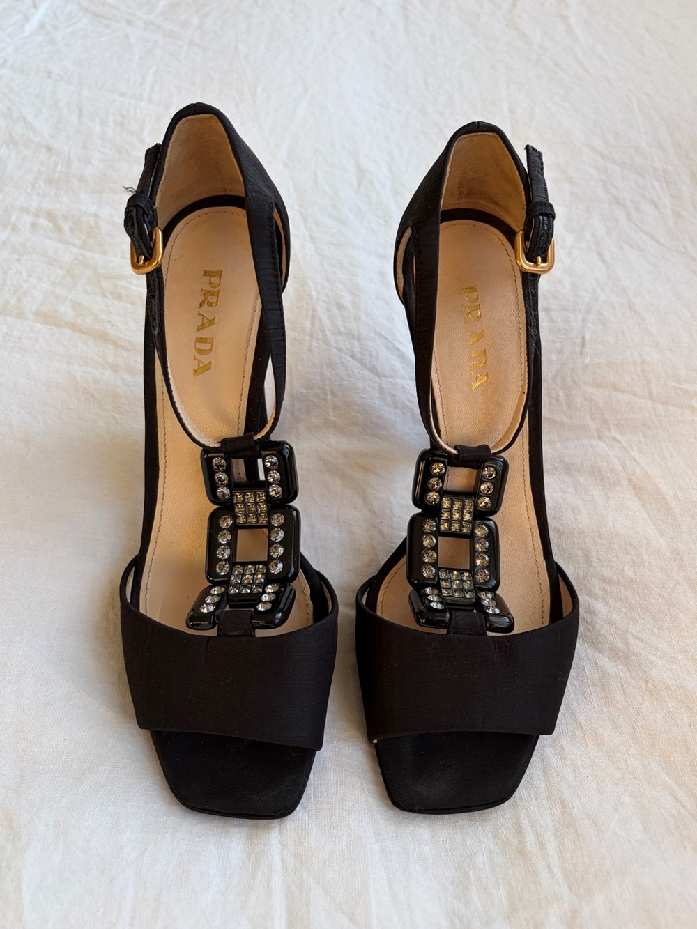 Vintage Prada Crystal Square Satin T Strap Thong Pumps Heels Black 90s Y2K